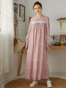 凸纹蕾丝边碎花长款睡裙，Moo Moo 睡裙，秋季