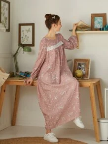 凸纹蕾丝边碎花长款睡裙，Moo Moo 睡裙，秋季