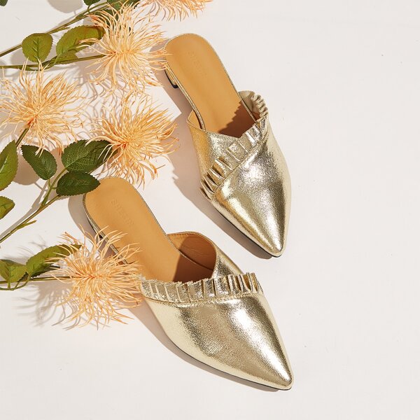 

Metallic Ruffle Decor Flat Mules, Gold