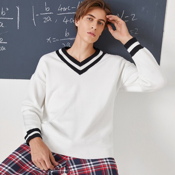 

Men Striped V Neck Sweater, White