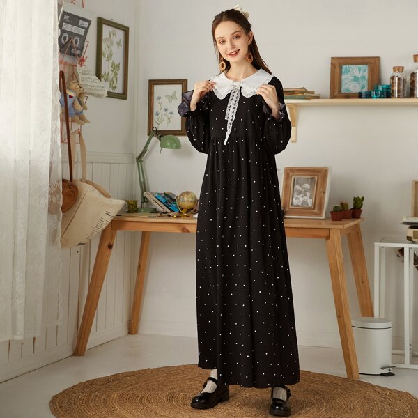 

Polka Dot Frill Tie Neck Smock Dress, Black
