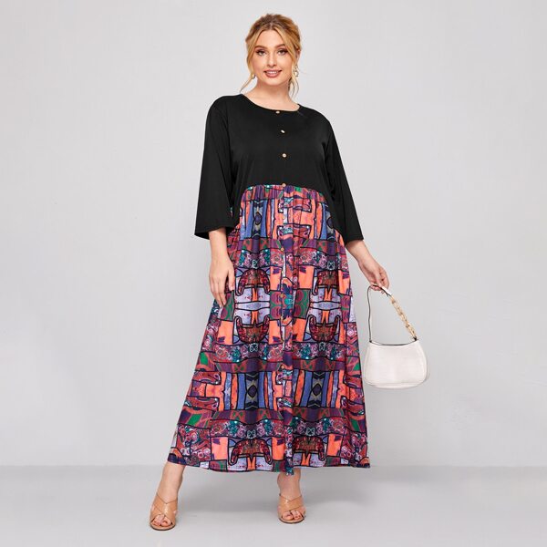 

Plus Contrast Graphic Print Button Front Dress, Multicolor