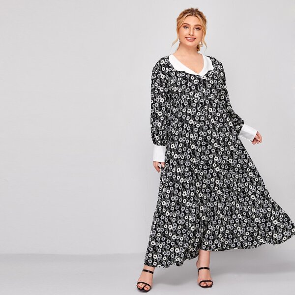 

Plus Allover Floral Print Smock Dress, Black and white