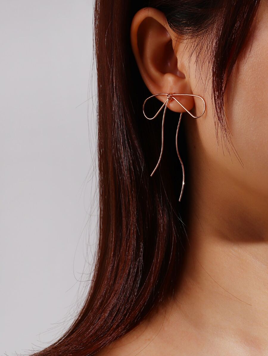 鏤空蝴蝶結裝飾耳環 - 金黃色 - 查看 1