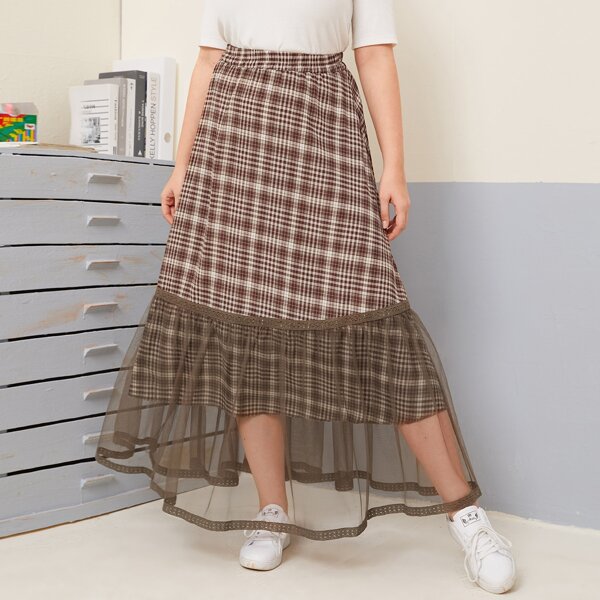 

Plus Contrast Mesh Plaid Skirt, Multicolor