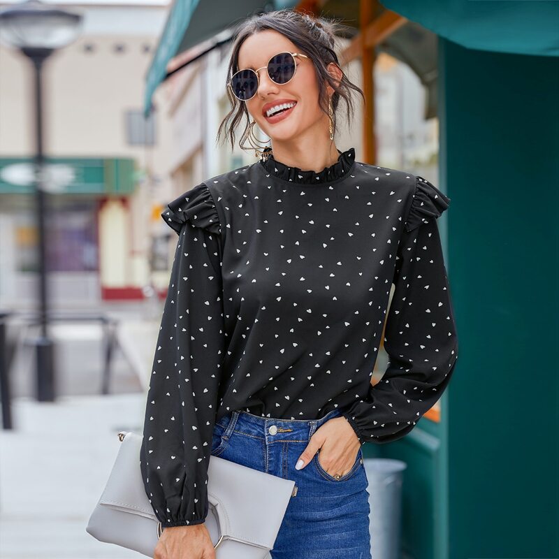 

Confetti Heart Print Ruffle Trim Blouse, Black