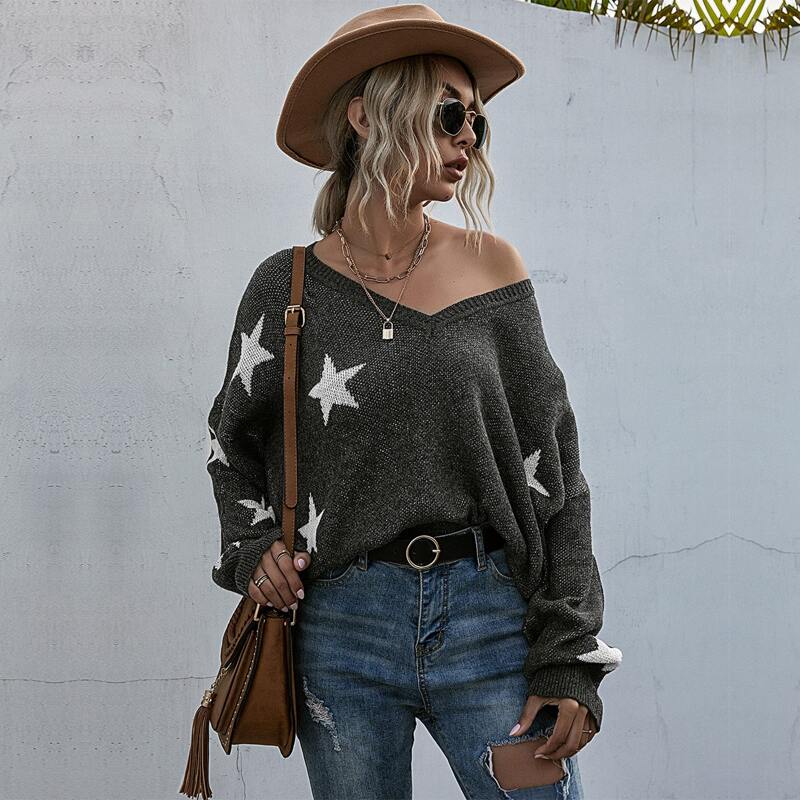 

V-neck Star Pattern Batwing Sleeve Sweater, Dark grey