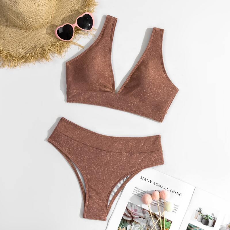 

Glitter V Neck Bikini Swimsuit, Rusty rose