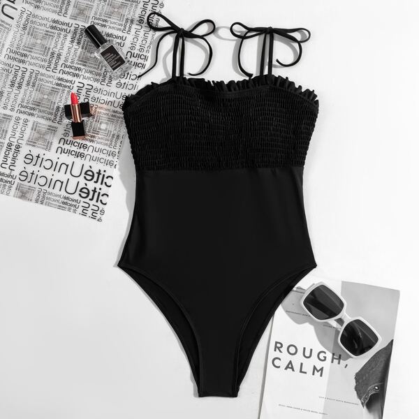 

Smocked Frill Tie Shoulder One Piece Swimsuit, Black