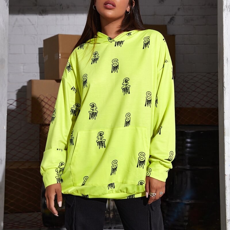 

Drop Shoulder Pouch Pocket Letter Graphic Hoodie, Yellow neon
