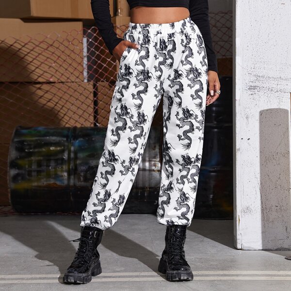 

Slant Pocket Chinese Dragon Print Pants, White