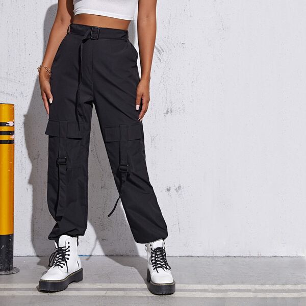 

Buckle Belted Pocket Patched Pants, Black