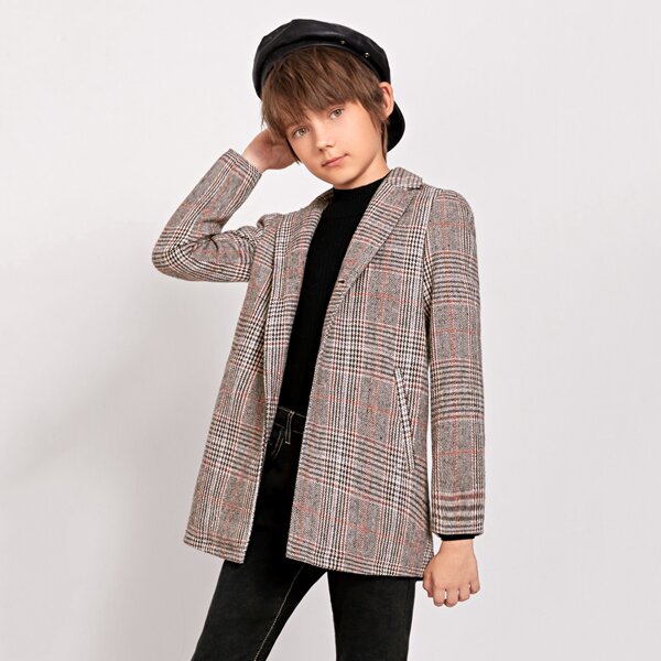 

Boys Lapel Collar Single Breasted Plaid Overcoat, Multicolor