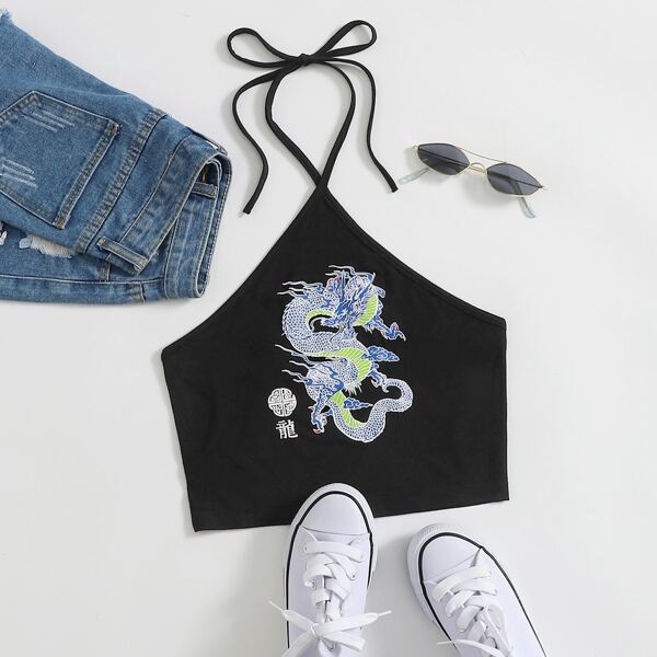 

Chinese Letter and Dragon Print Tie Back Halter Top, Black