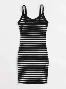 SHEIN EZwear Striped Rib-knit Bodycon Dress - Black - View 2
