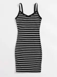 SHEIN EZwear Striped Rib-knit Bodycon Dress - Black - View 5