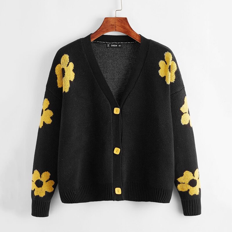 Drop Shoulder Floral Cardigan, Black