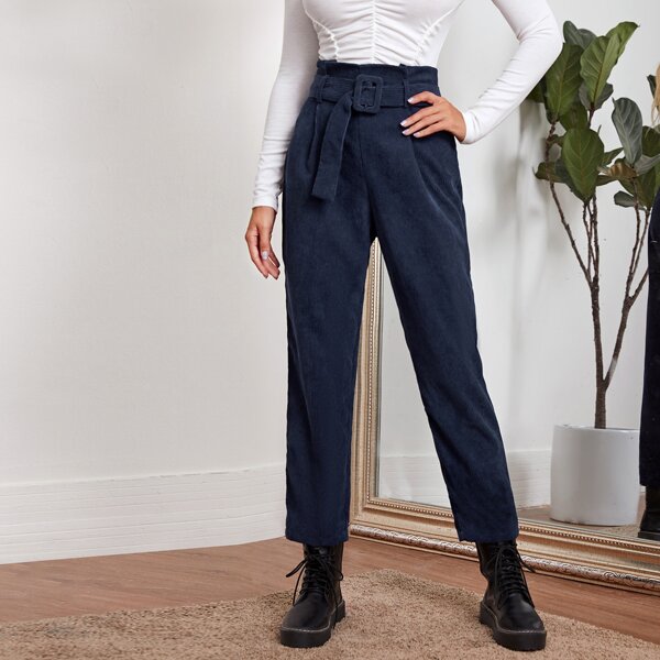 

Fold Pleated Buckle Belted Cord Pants, Navy blue