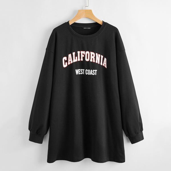 

Letter Graphic Drop Shoulder Oversized Longline Pullover, Black