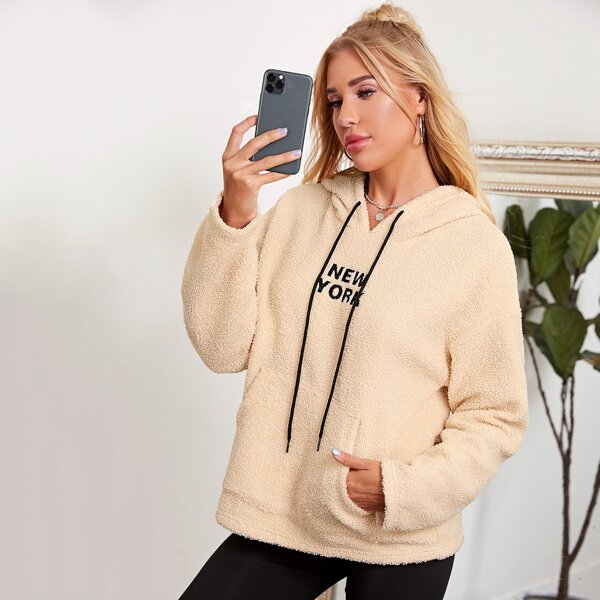 

Letter Embroidered Pocket Front Drop Shoulder Teddy Hoodie, Beige