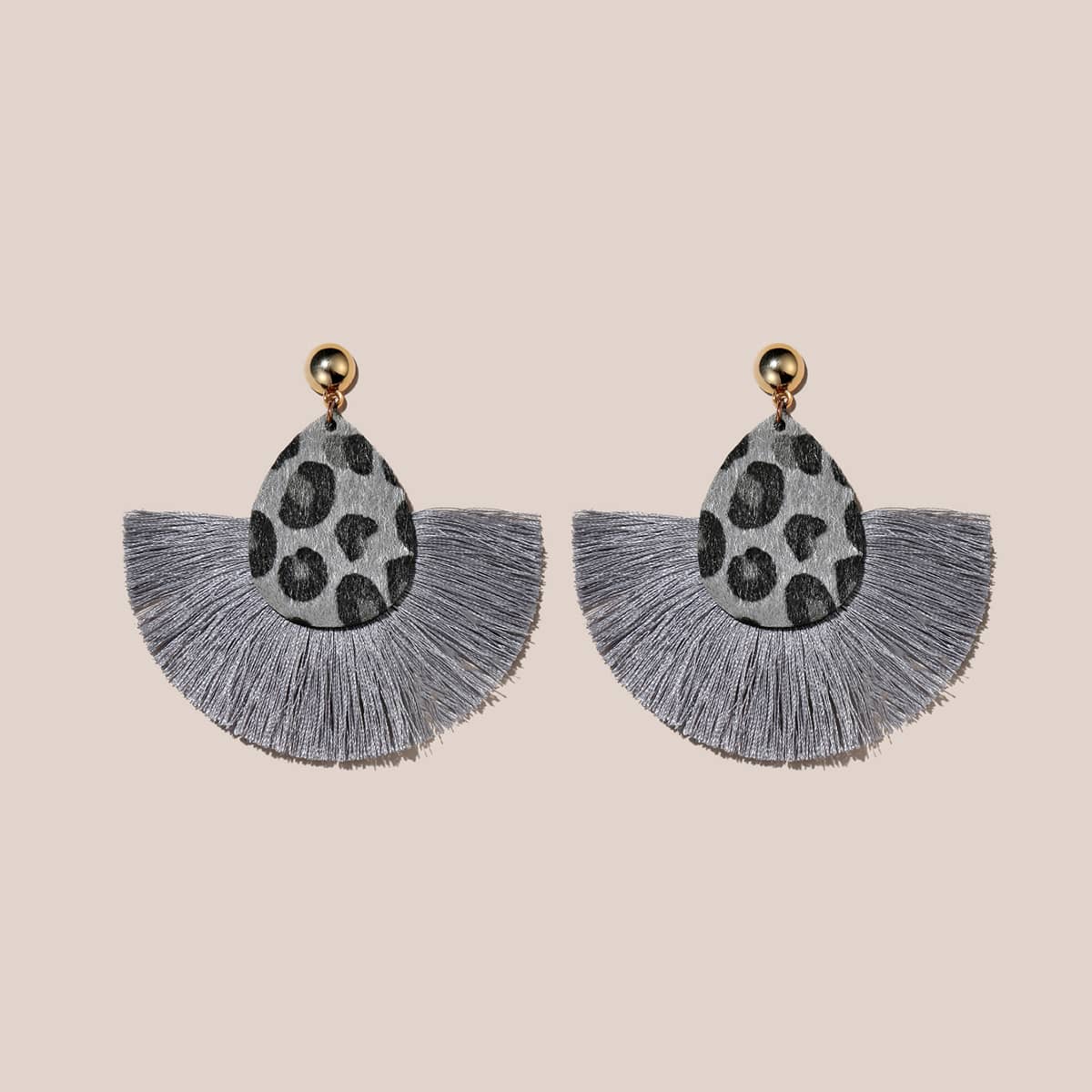 Leopard Pattern Tassel Drop Earrings, Grey