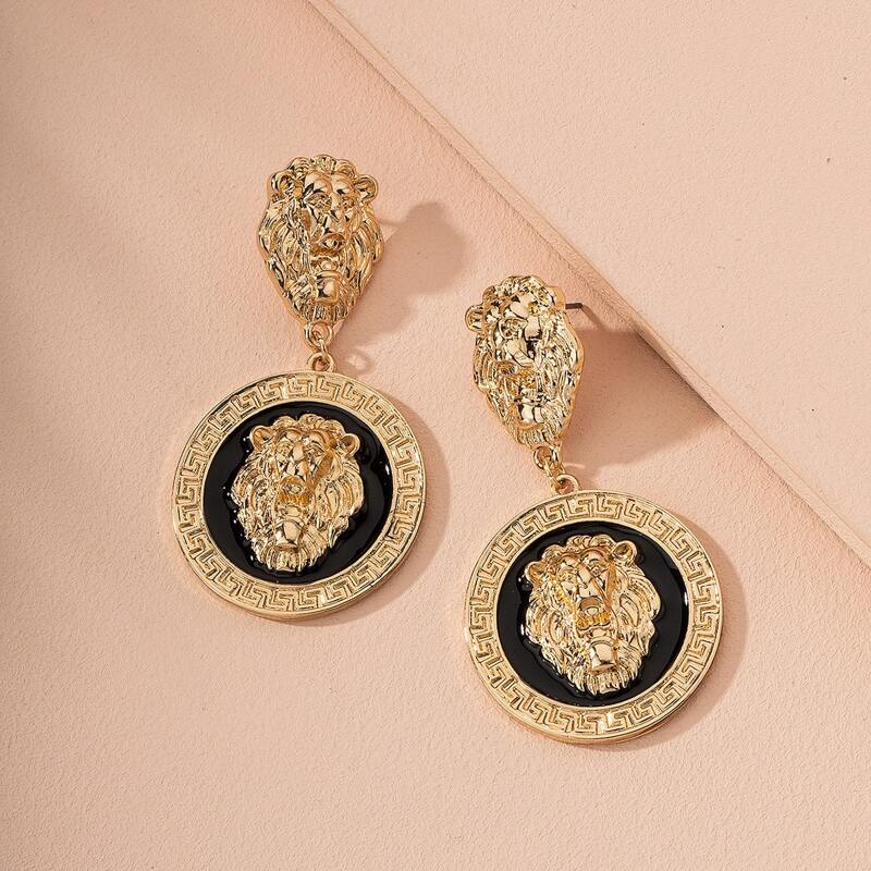 

Lion Decor Round Drop Earrings, Gold