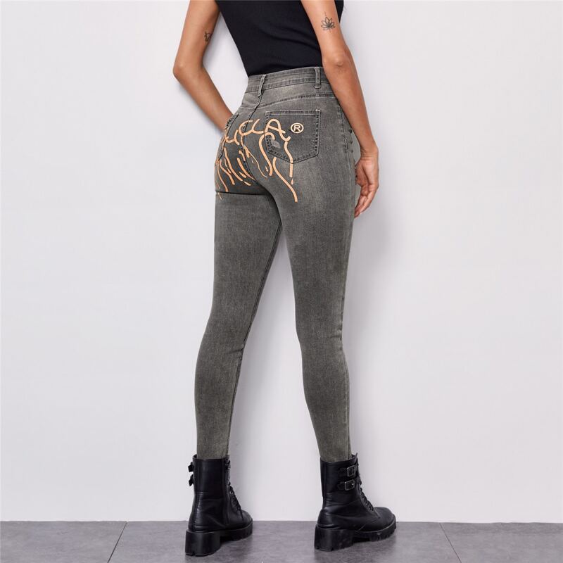 

High Stretch Graphic Ripped Jeans, Dark wash