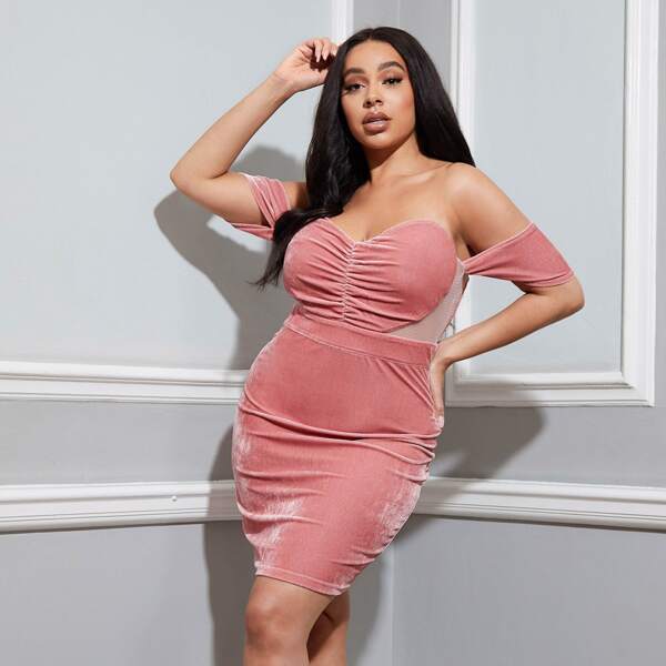 

Plus Off Shoulder Ruched Front Mesh Panel Velvet Dress, Dusty pink