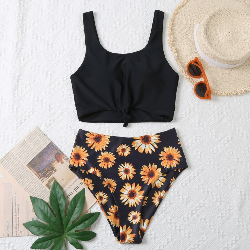 

Sunflower Print Knot Hem Bikini Swimsuit, Black