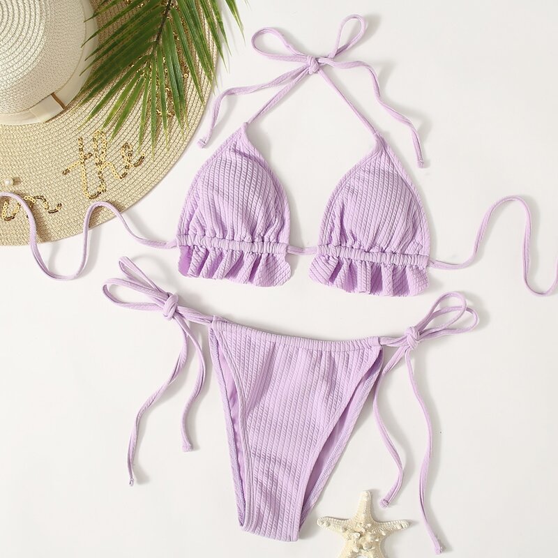 

Textured Triangle Tie Side Bikini Swimsuit, Pastel lilac purple