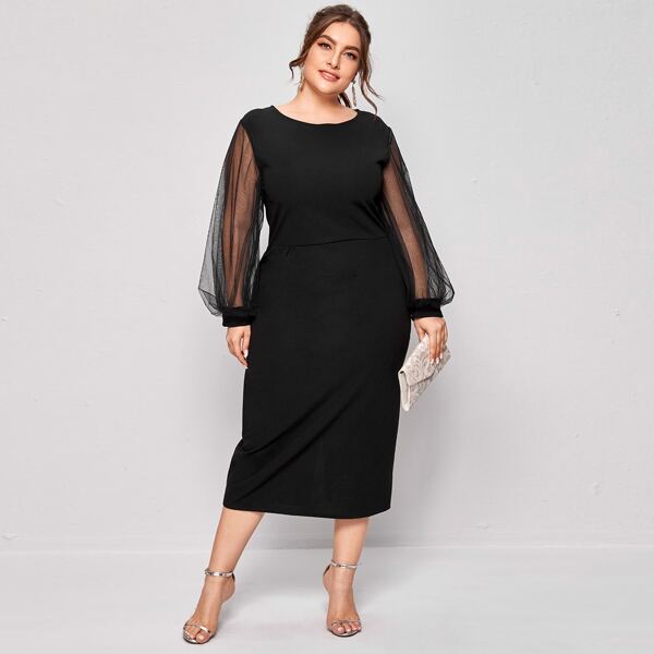 

Plus Bishop Sleeve Slit Back Fitted Dress, Black