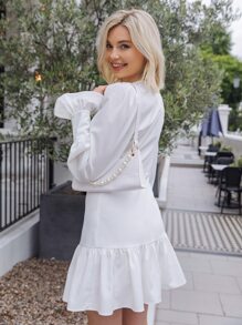 SHEIN Button Front Ruffle Trim Solid Dress - White - View 2