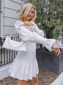 SHEIN Button Front Ruffle Trim Solid Dress - White - View 4