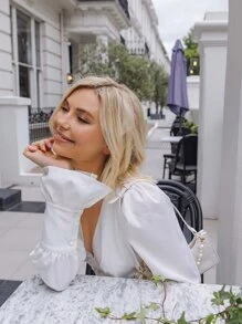 SHEIN Button Front Ruffle Trim Solid Dress - White - View 5