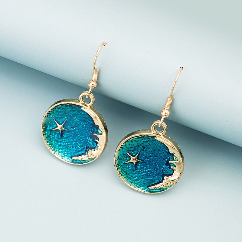 

Moon & Star Pattern Drop Earrings, Blue