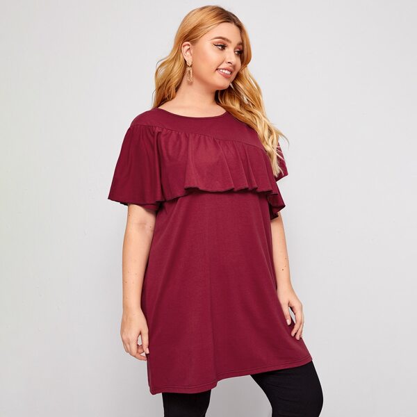 

Plus Ruffle Trim Solid Longline Tee, Burgundy