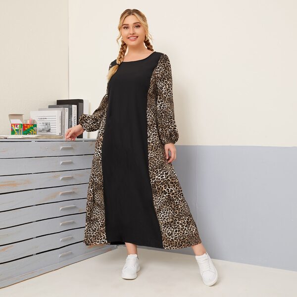 

Plus Leopard Spliced Bishop Sleeve Tunic Dress, Multicolor