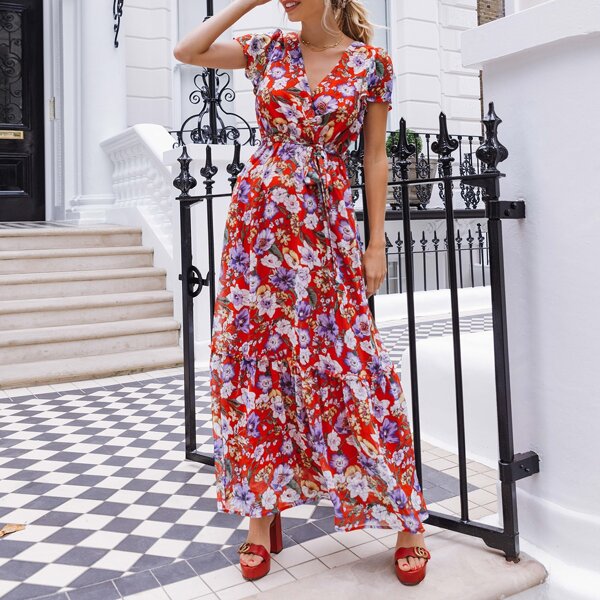 

Surplice Neck Butterfly Sleeve Floral Chiffon Dress, Multicolor