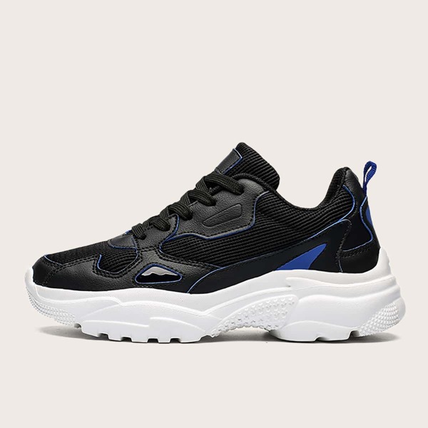 

Lace-up Front Mesh Panel Chunky Sneakers, Black