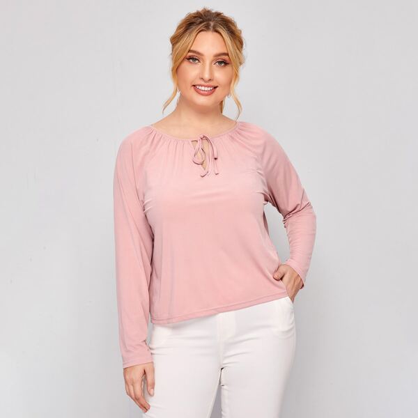 

Plus Keyhole Tie Neck Raglan Sleeve Tee, Baby pink