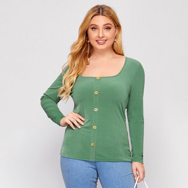 

Plus Scoop Neck Button Front Rib-knit Tee, Green