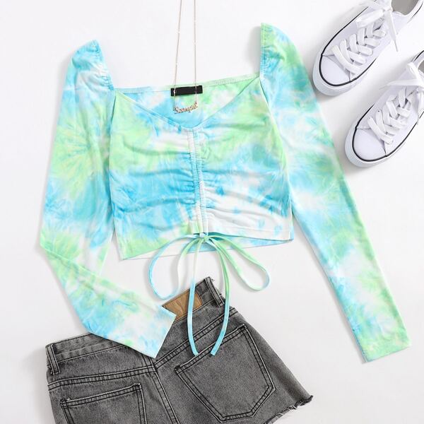 

Tie Dye Sweetheart Neck Drawstring Tee, Multicolor
