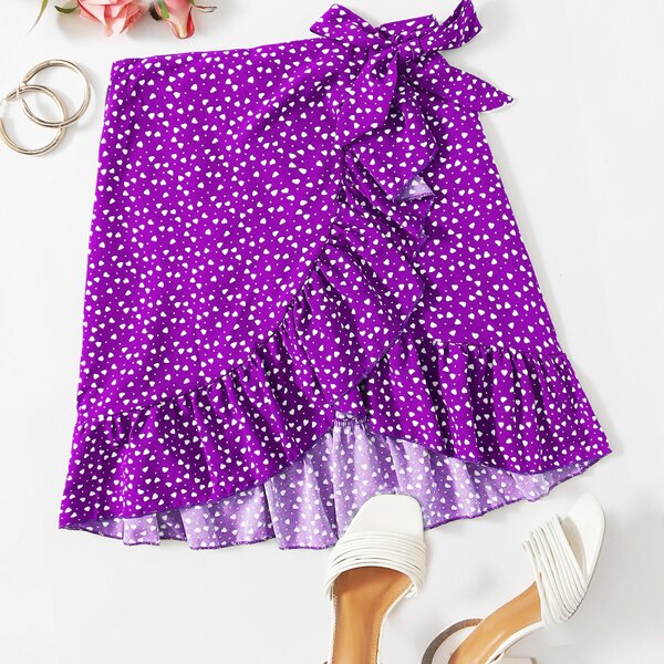 

Confetti Heart Print Ruffle Hem Wrap Skirt, Purple