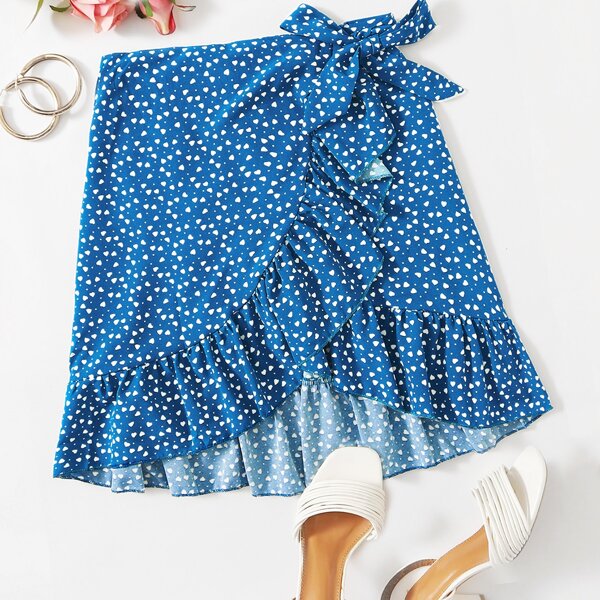 

Confetti Heart Print Ruffle Hem Wrap Skirt, Blue