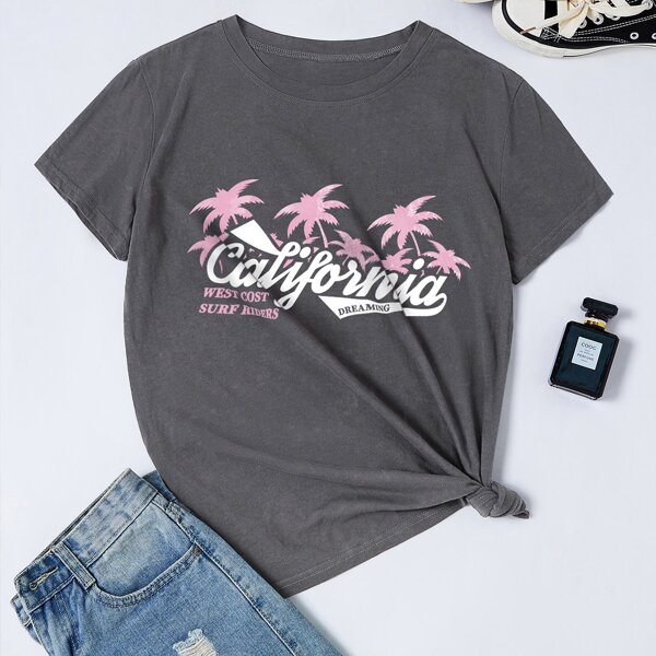 

Tropical & Letter Graphic Tee, Dark grey
