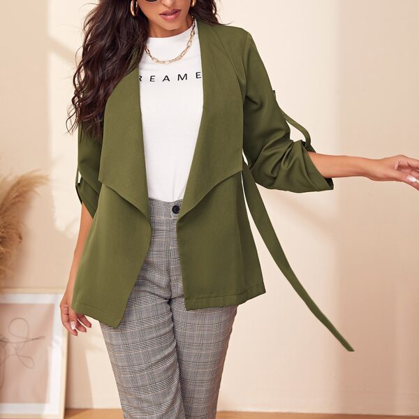 

Roll-up Sleeve Belted Solid Coat, Army green