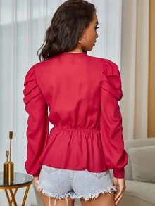 Eilly Bazar top bajo fruncido con cordón delantero de cuello profundo - Rosa Roja - Ver 2