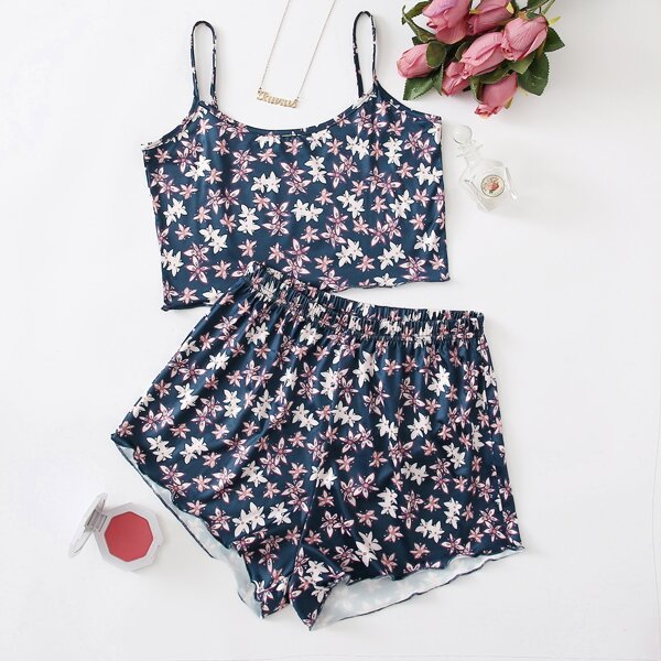 

Floral Lettuce Trim Cami Pajama Set, Multicolor