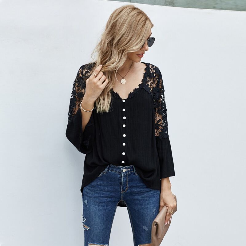 

Contrast Lace Button Front Blouse, Black