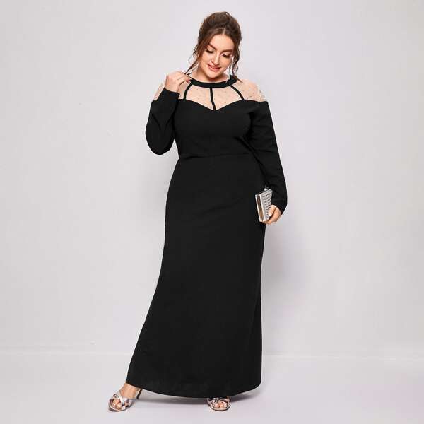 

Plus Rhinestone Mesh Yoke Dress, Black